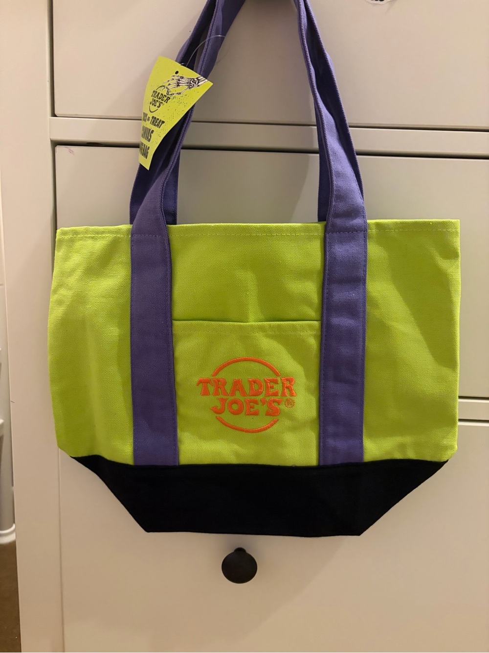 Trader Joe's Halloween Lime Green Canvas Tote with Purple Straps